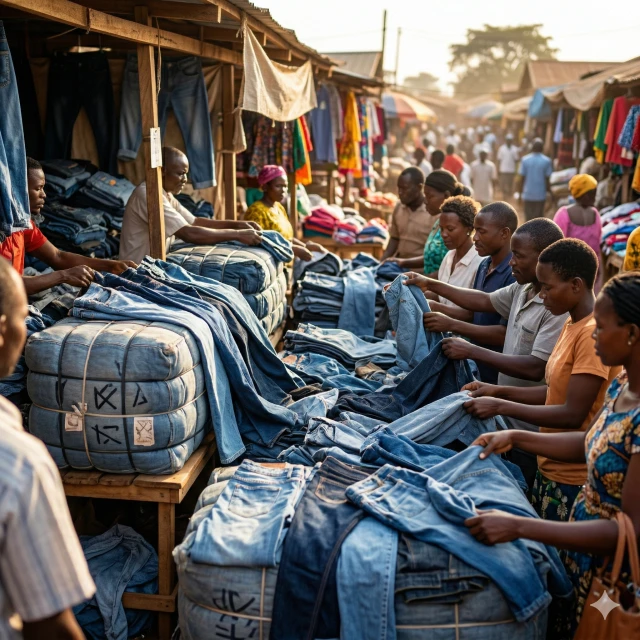 Escena de mercado al aire libre bulliciosa con fardos de jeans usados en venta