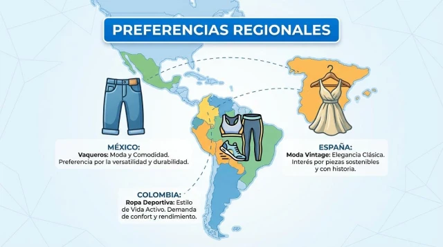 Preferencias regionales de ropa usada jeans en México, sportswear en Colombia y moda vintage en España