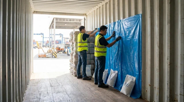 Carga de pacas de ropa usada en contenedor para exportación a importadores latinoamericanos