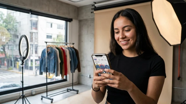 Emprendedora revisando ventas de ropa americana en Instagram desde un estudio con prendas para catálogo