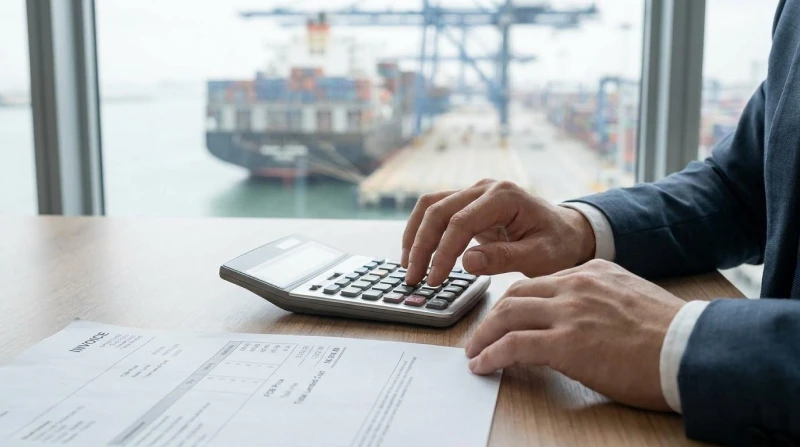 Importador calcula costos de flete, aduana e impuestos junto a una factura frente a un puerto de carga