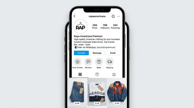 Perfil de Instagram de Ropa Americana Premium con catálogo de prendas, botón de contacto y enlaces a WhatsApp