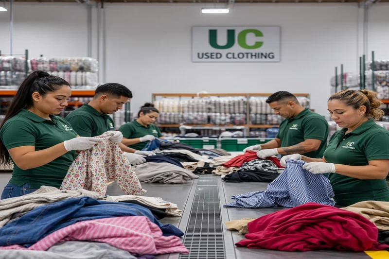 Proceso de clasificación de fardos de ropa premium en planta de exportación