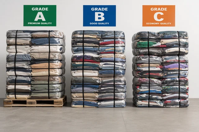 Fardos de ropa americana clasificados por calidad en almacen industrial