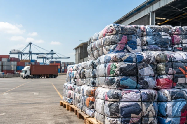 Grandes paquetes de ropa usada sobre palés en puerto con camiones y grúas