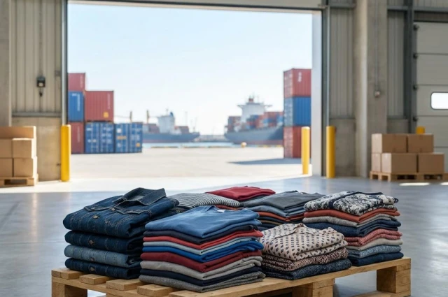 Palés con ropa doblada en almacén, con contenedores y barcos al fondo