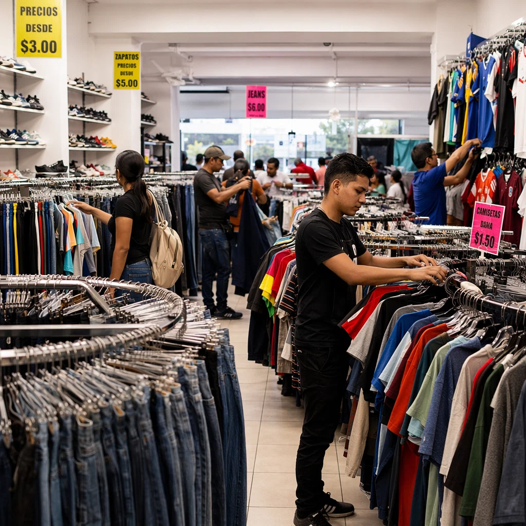 Ropa Americana en Panama Tienda con exhibidores y compradores Tienda de ropa americana en Panamá con variedad de prendas usadas de marca en exhibidores y compradores revisando calidad