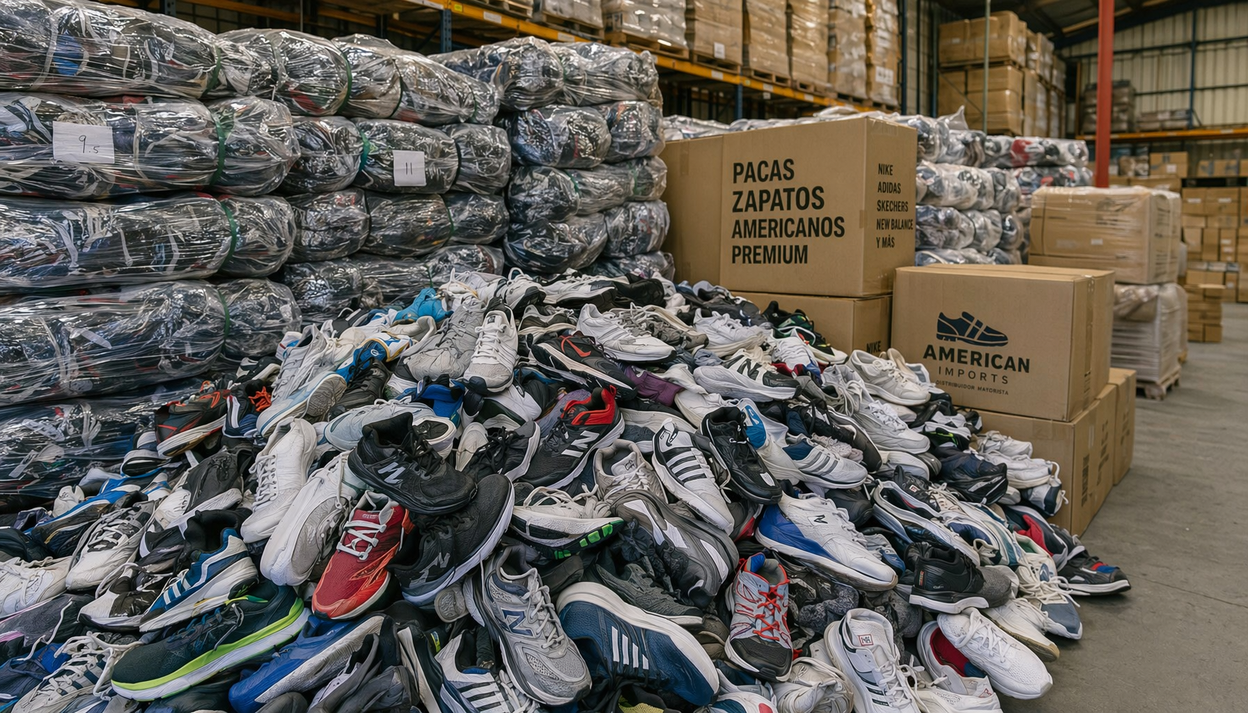 Pacas de zapatos y tenis americanos usados en almacén de exportación de Indetexx — clasificación y selección para envío a compradores LATAM