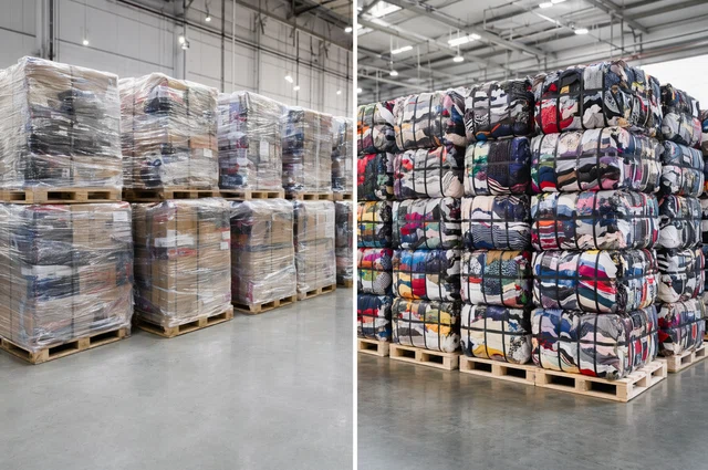 Comparativa visual entre palets de Shein y pacas de ropa americana en almacen mayorista profesional