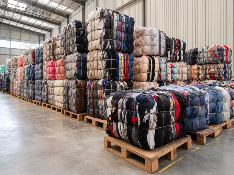 Almacen de clasificacion de ropa americana usada con pacas organizadas por grado y categoria para exportacion