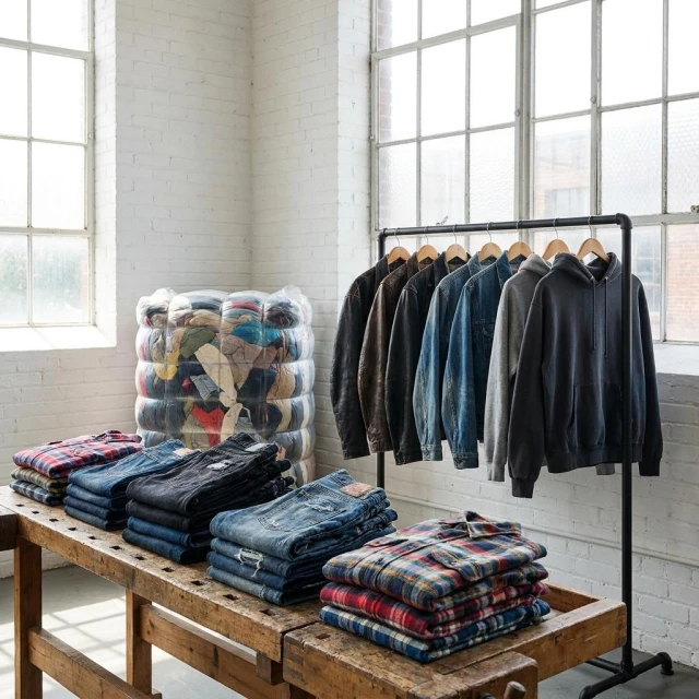 selecci n de ropa americana con vaqueros camisas de franela y chaquetas colgadas junto a fardos textiles en almac n 1 selecci n de ropa americana con vaqueros camisas de franela y chaquetas colgadas junto a fardos textiles en almac n 1