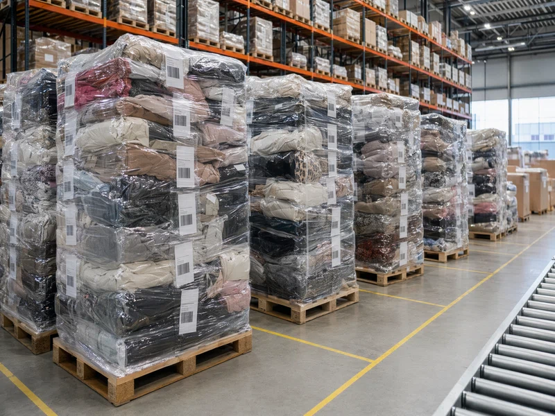 Palets de devoluciones de comercio electrónico preparados para revisión mayorista