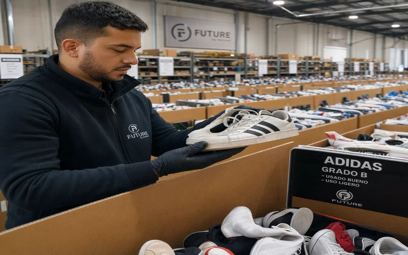 Inspeccion de calidad de tenis Adidas usados en almacen mayorista