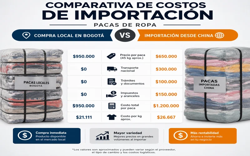 Comparacion de costos de importacion de pacas de ropa desde China vs compra local en Bogota