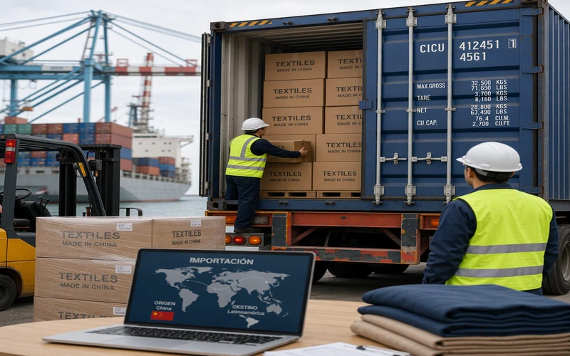 Contenedor de carga con ropa usada siendo descargado en puerto para importacion desde China a Latinoamerica