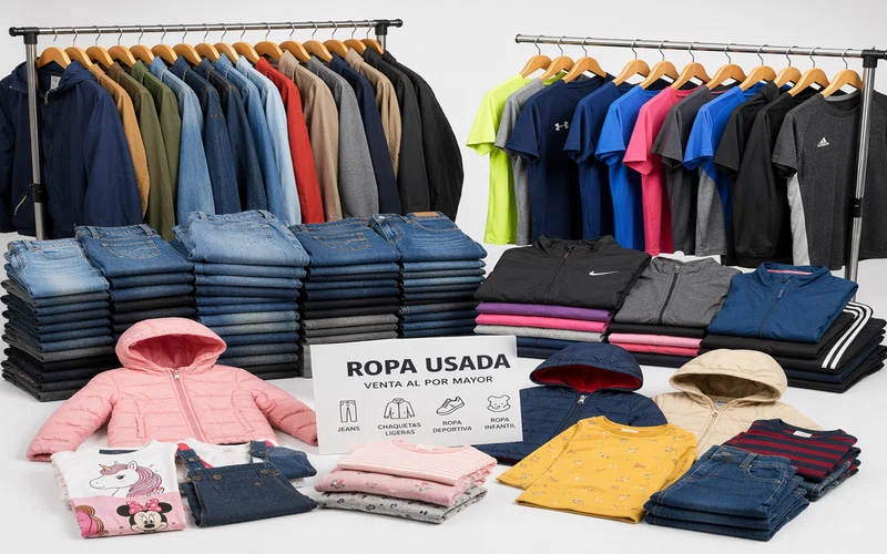 Seleccion de categorias de ropa usada para venta al por mayor: jeans, chaquetas, ropa deportiva e infantil