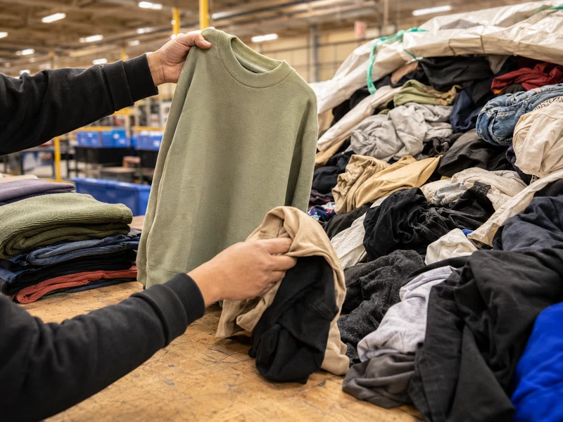 Manos clasificando ropa usada de un fardo abierto separando Grado A de Grado B