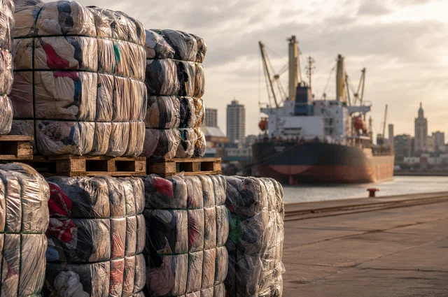 Fardos de ropa usada en el puerto de Montevideo listos para importacion