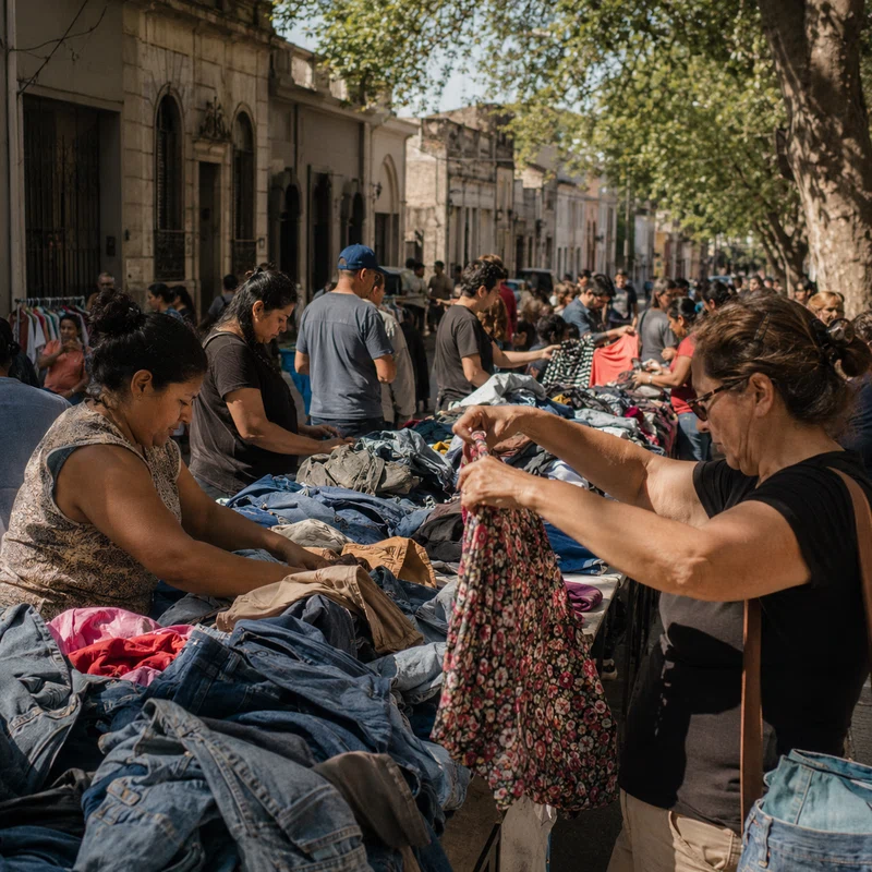 Feria americana de ropa usada en las calles de Montevideo con compradores revisando prendas