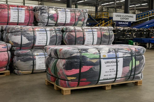 Fardos de ropa usada en almacen industrial para exportacion a Uruguay