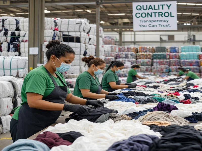 Proveedor de ropa usada mostrando clasificacion y control de calidad en almacen industrial