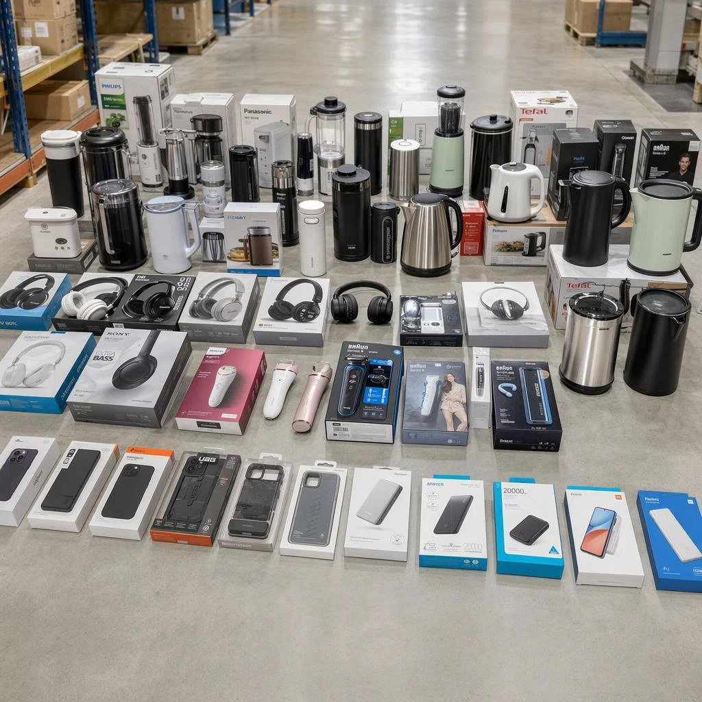 Cajas mixtas de productos devueltos organizadas para inspección por categoría