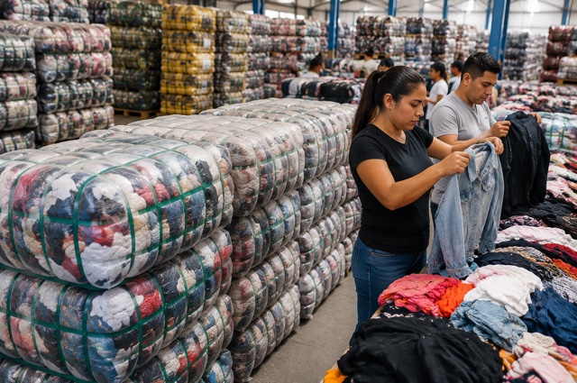 Pacas de ropa al por mayor en almacén de clasificación para compradores de Guayaquil