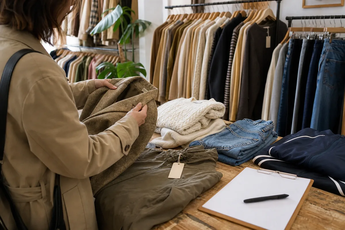 Compradora revisando la condición de una prenda de ropa usada