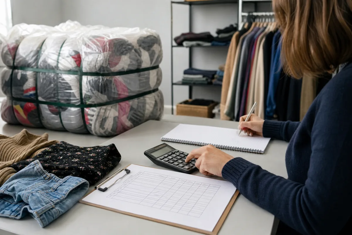 Comprador calculando costos y escenarios antes de adquirir ropa de paca