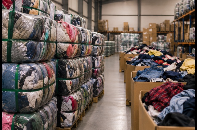 Pacas y prendas de ropa americana en almacén mayorista