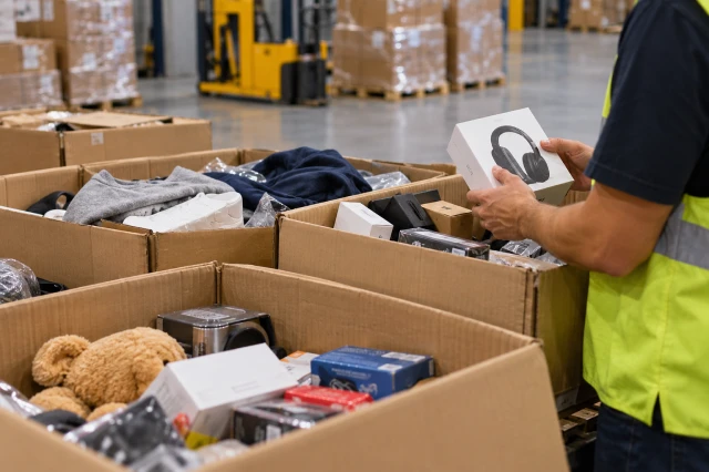 Trabajador revisando un producto dentro de un lote de devoluciones con cajas mixtas